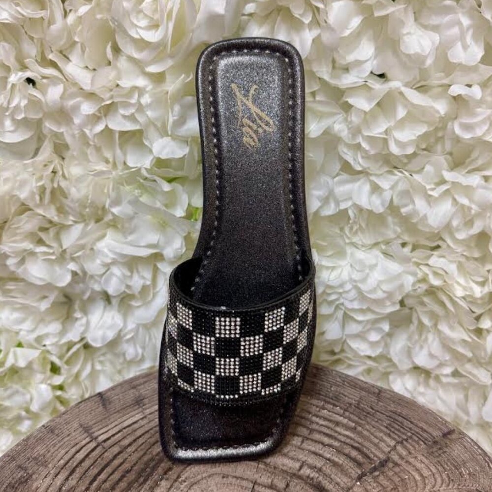 Black Sandal with Checkered Pattern with Silver and Black Gems
